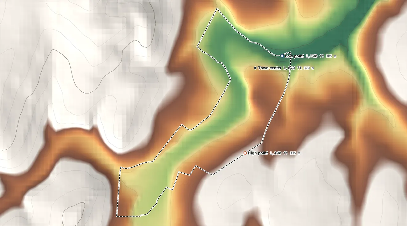 Topographic elevation map of Larke, Pennsylvania, shaded from 1,000 ft on the northeast side to 1,100 ft on the south edge, below higher ground just outside