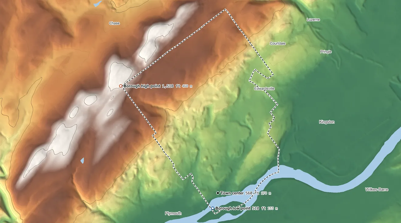 Topographic elevation map of Larksville, Pennsylvania, shaded from 510 ft near the middle to 1,510 ft on the northwest side
