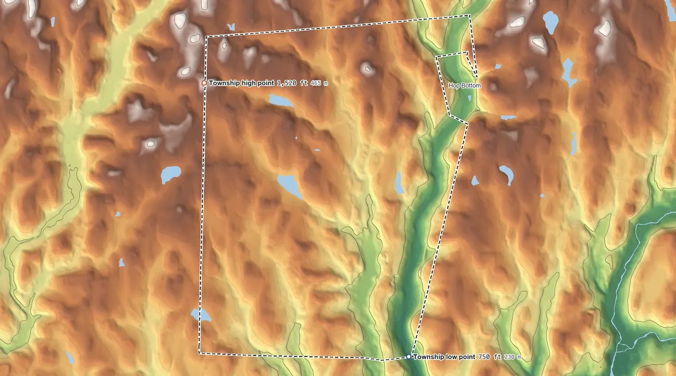 Topographic elevation map of Lathrop Township, Pennsylvania, shaded from 750 ft on the southeast side to 1,520 ft on the northwest side
