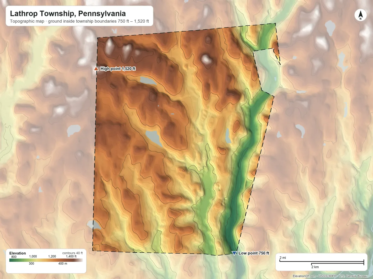 Topographic elevation map of Lathrop Township, Pennsylvania, shaded from 750 ft on the southeast side to 1,520 ft on the northwest side