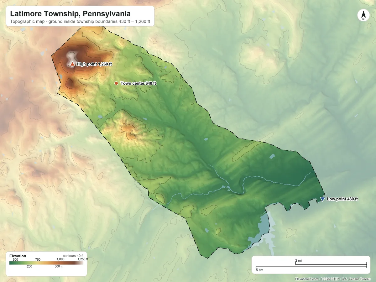 Topographic elevation map of Latimore Township, Pennsylvania, shaded from 430 ft on the southeast side to 1,260 ft on Fickels Hill