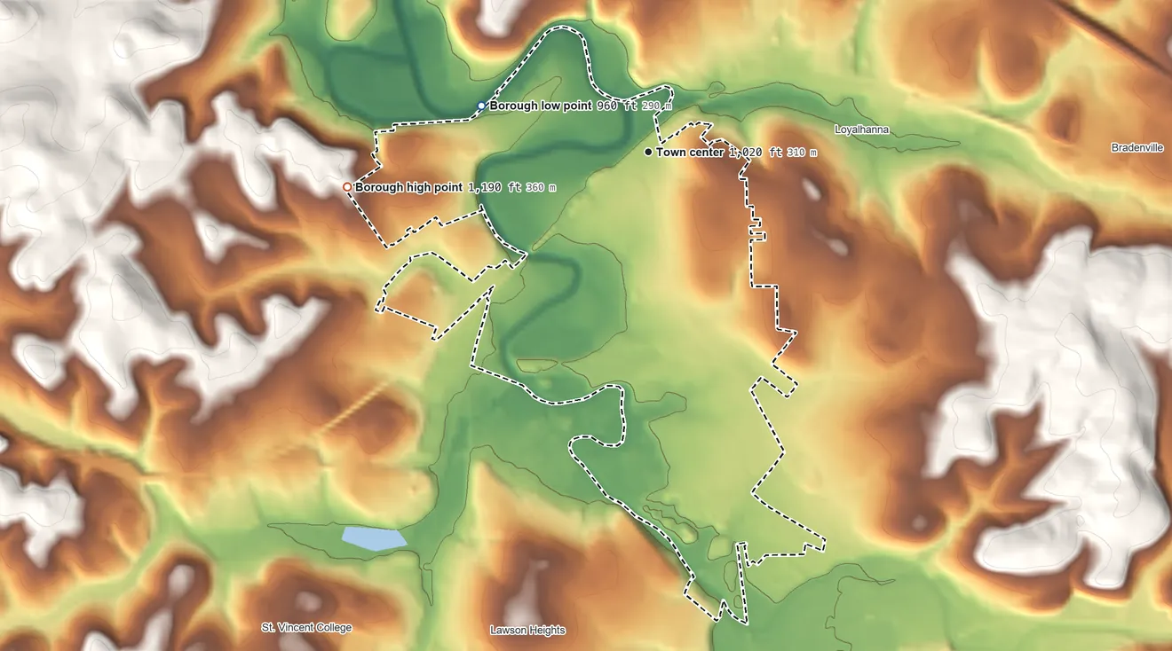 Topographic elevation map of Latrobe, Pennsylvania, shaded from 960 ft on the west side to 1,190 ft on the west side