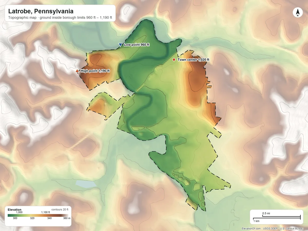 Topographic elevation map of Latrobe, Pennsylvania, shaded from 960 ft on the west side to 1,190 ft on the west side