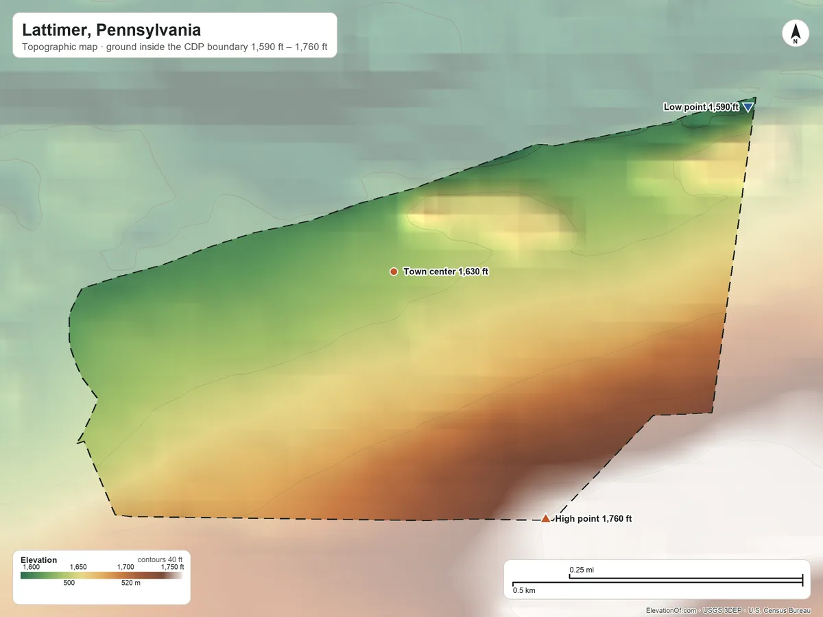 Topographic elevation map of Lattimer, Pennsylvania, shaded from 1,590 ft on the northeast side to 1,760 ft on the southeast side