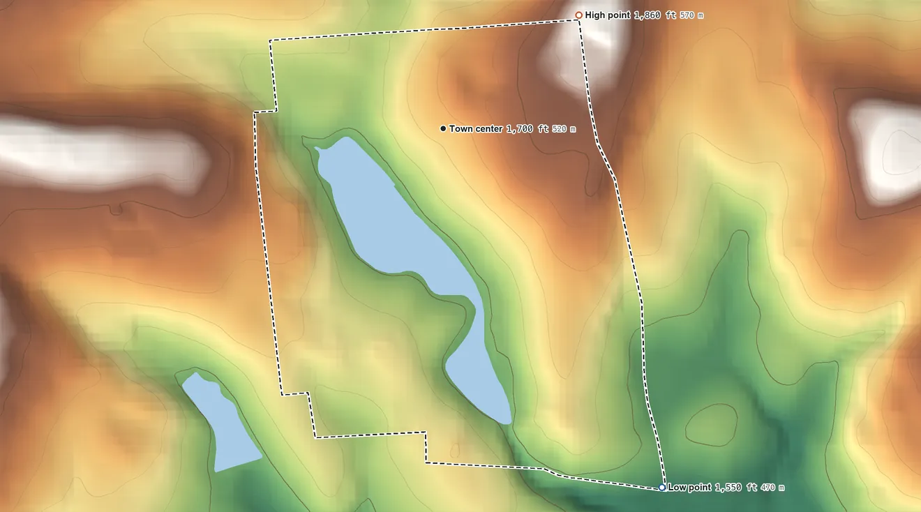 Topographic elevation map of Laurel Lake, Pennsylvania, shaded from 1,550 ft on the southeast side to 1,860 ft on the northeast side