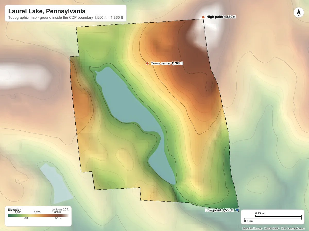 Topographic elevation map of Laurel Lake, Pennsylvania, shaded from 1,550 ft on the southeast side to 1,860 ft on the northeast side