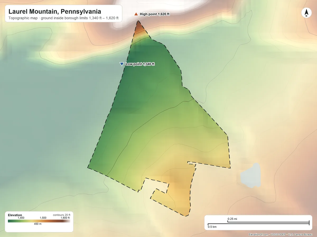 Topographic elevation map of Laurel Mountain, Pennsylvania, shaded from 1,340 ft on the north side to 1,620 ft at the foot of the Laurel Hill