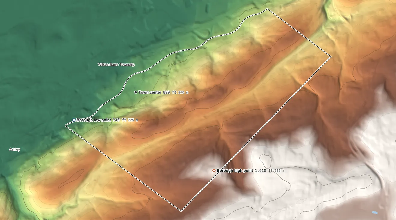 Topographic elevation map of Laurel Run, Pennsylvania, shaded from 740 ft on the southwest side to 1,910 ft on the southeast side