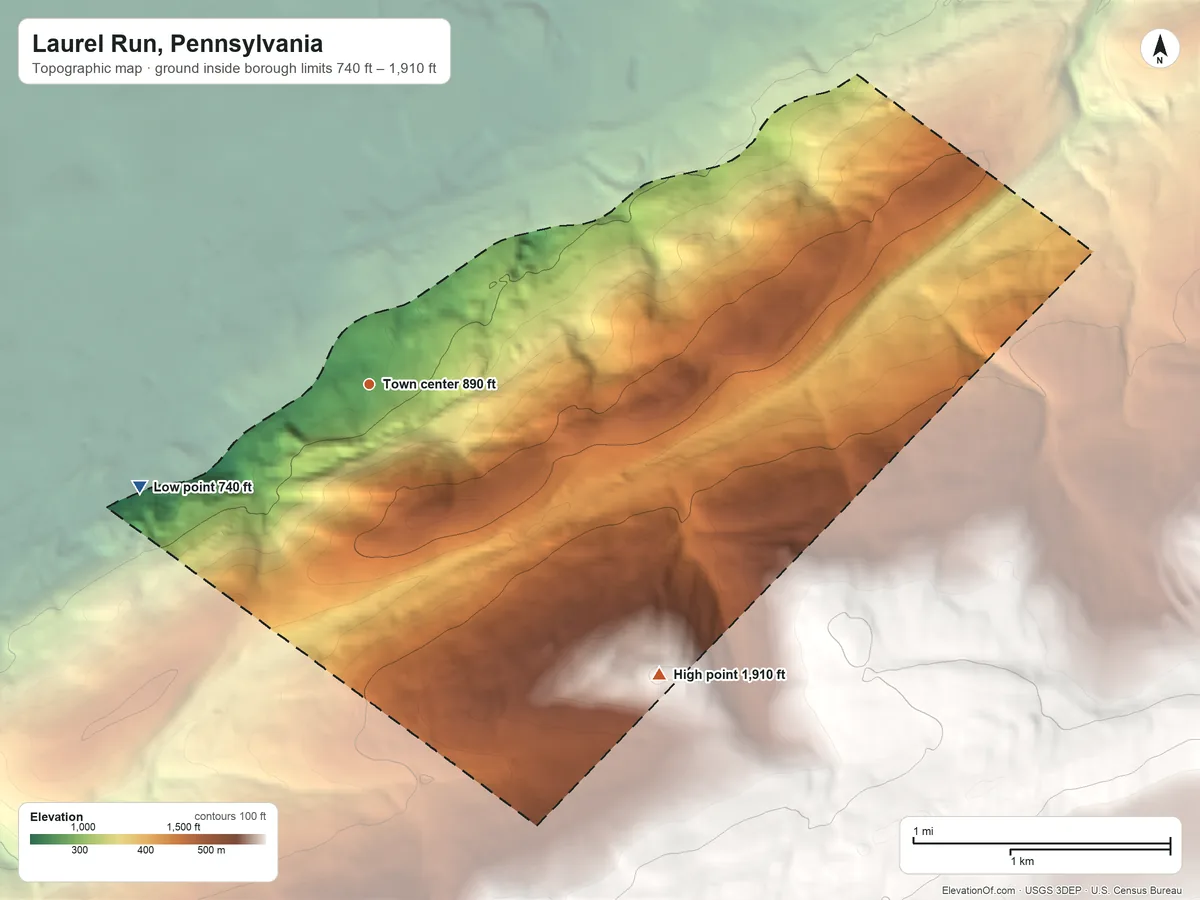 Topographic elevation map of Laurel Run, Pennsylvania, shaded from 740 ft on the southwest side to 1,910 ft on the southeast side