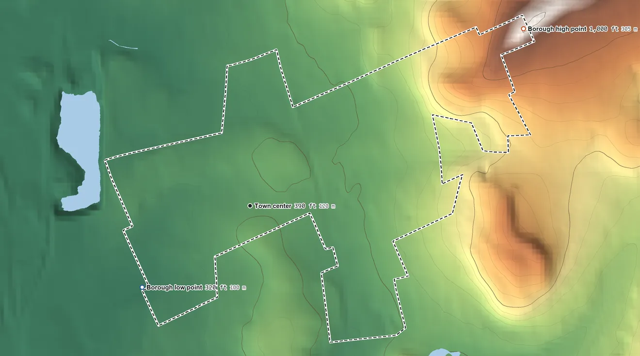 Topographic elevation map of Laureldale, Pennsylvania, shaded from 320 ft on the southwest side to 1,000 ft on the northeast side