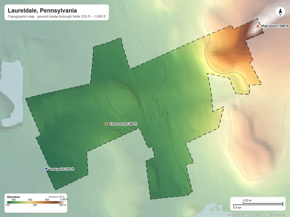 Topographic elevation map of Laureldale, Pennsylvania, shaded from 320 ft on the southwest side to 1,000 ft on the northeast side