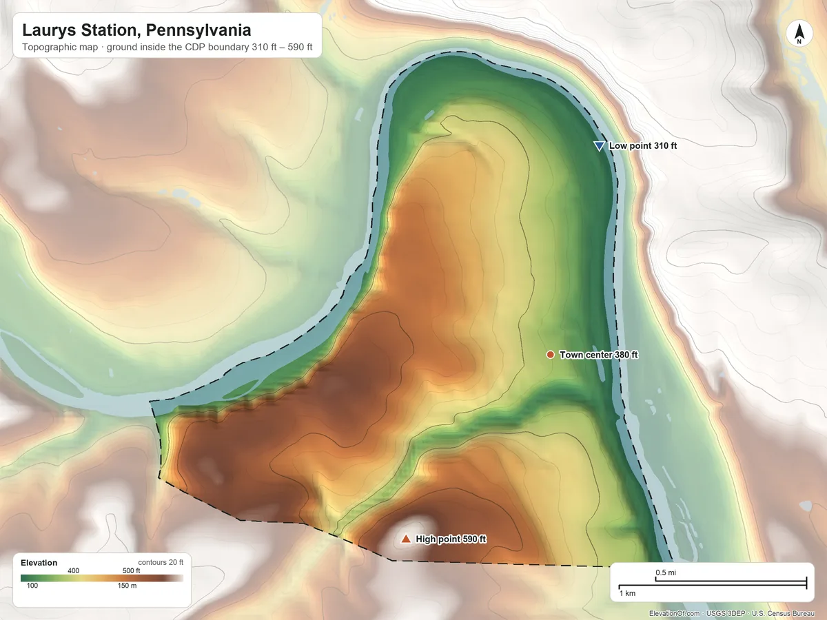 Topographic elevation map of Laurys Station, Pennsylvania, shaded from 310 ft on the north side to 590 ft on the southwest side