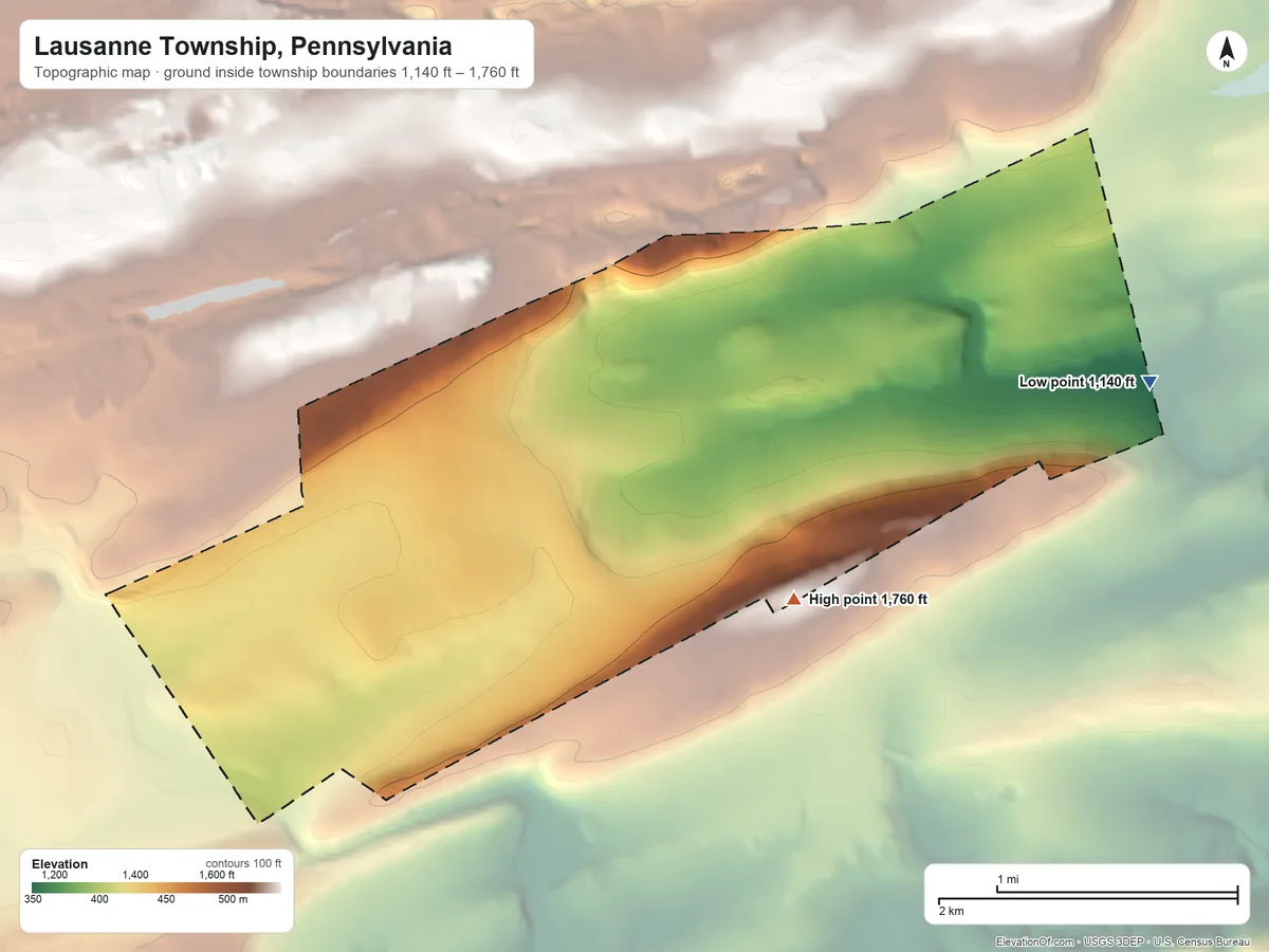 Topographic elevation map of Lausanne Township, Pennsylvania, shaded from 1,140 ft on the east side to 1,760 ft on Round Head Mountain