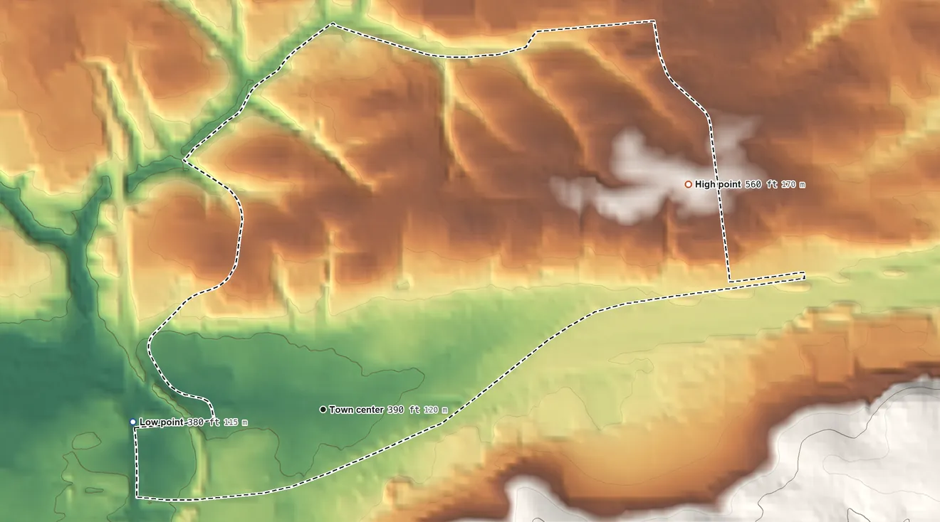 Topographic elevation map of Lawnton, Pennsylvania, shaded from 380 ft on the west side to 560 ft on the northeast side