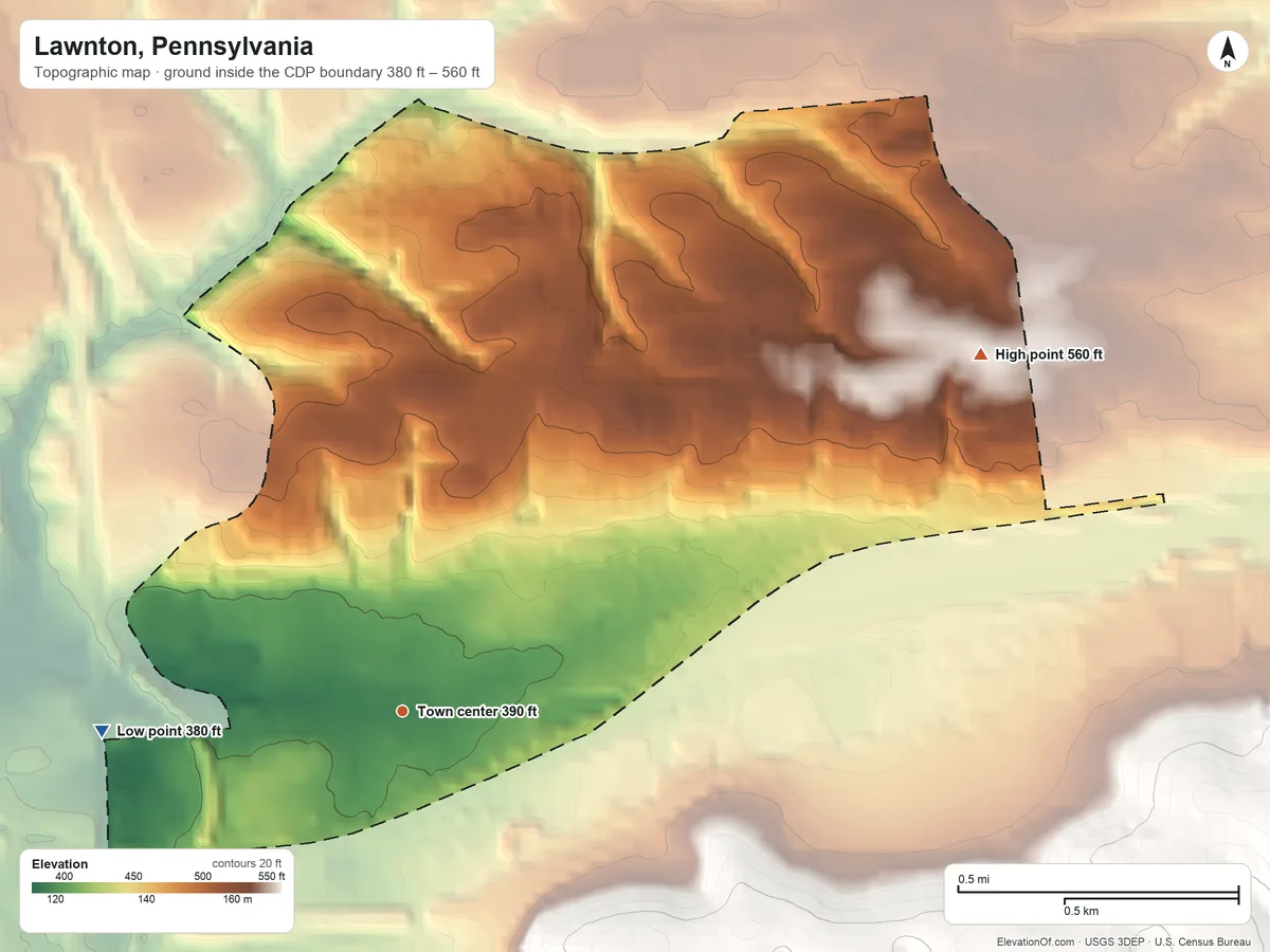 Topographic elevation map of Lawnton, Pennsylvania, shaded from 380 ft on the west side to 560 ft on the northeast side