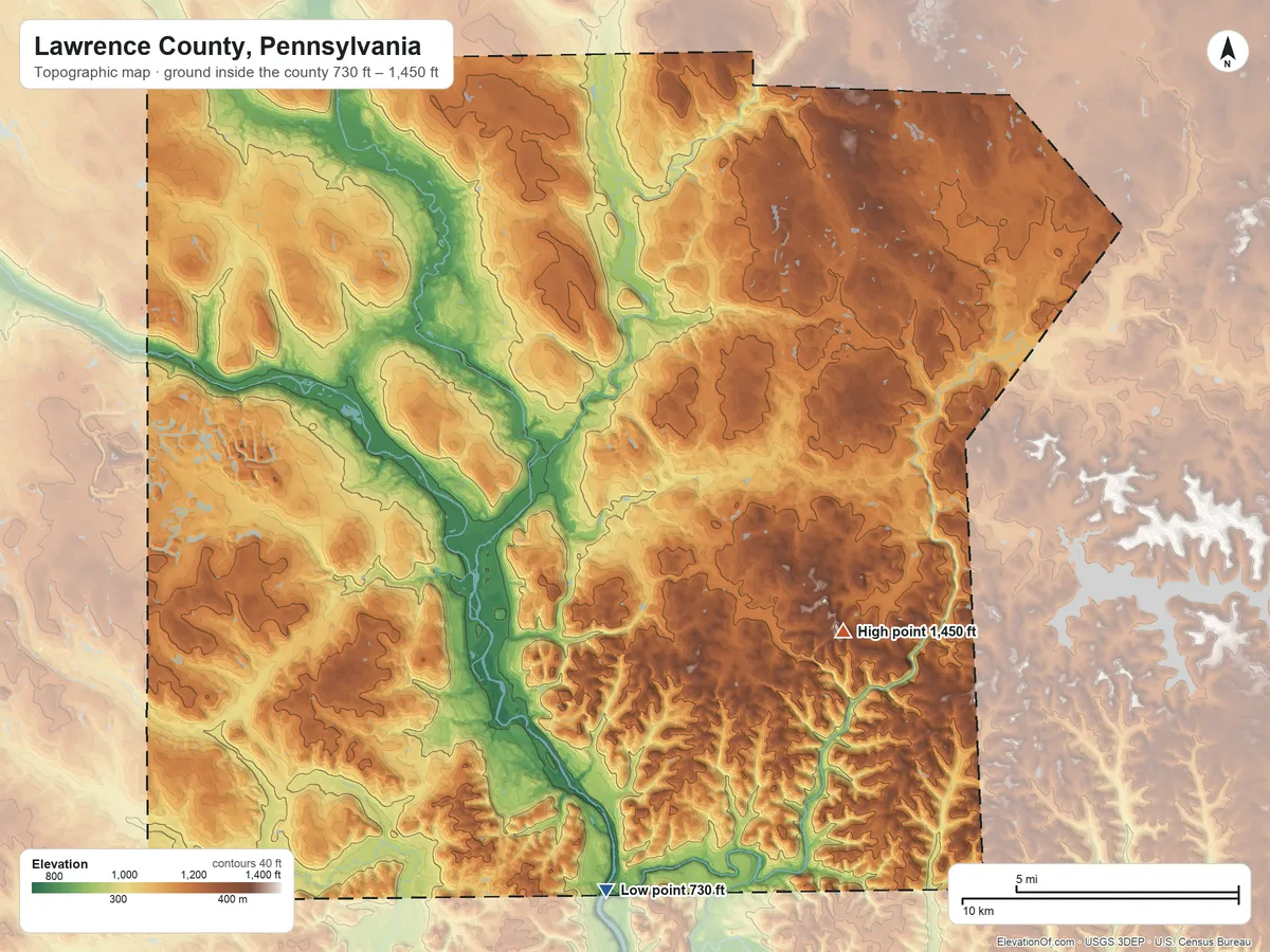 Topographic elevation map of Lawrence County, Pennsylvania, shaded from 730 ft on the south side to 1,450 ft on the southeast side