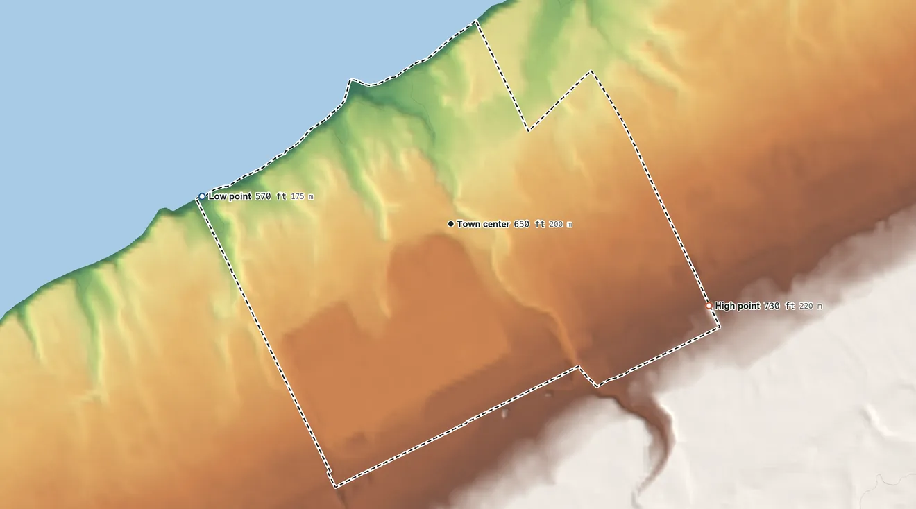 Topographic elevation map of Lawrence Park, Pennsylvania, shaded from 570 ft on the west side to 730 ft on the east side