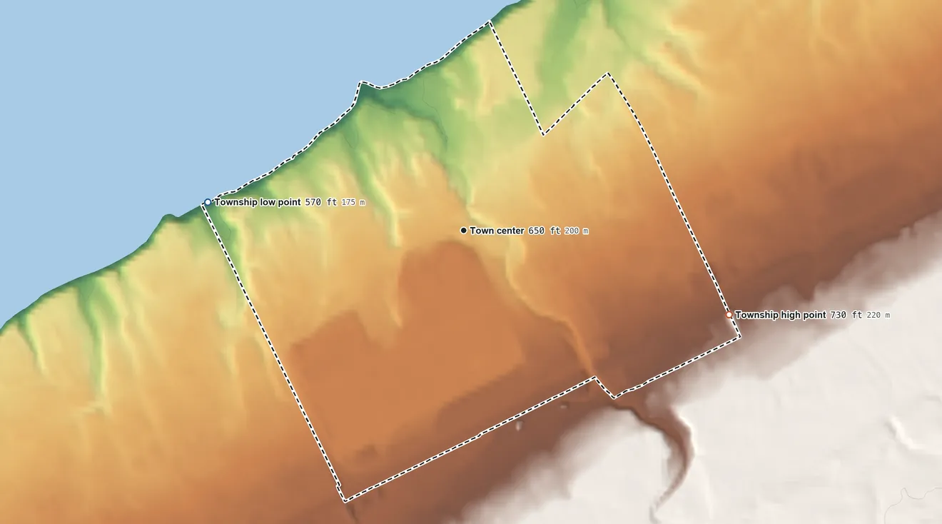 Topographic elevation map of Lawrence Park Township, Pennsylvania, shaded from 570 ft on the west side to 730 ft on the east side