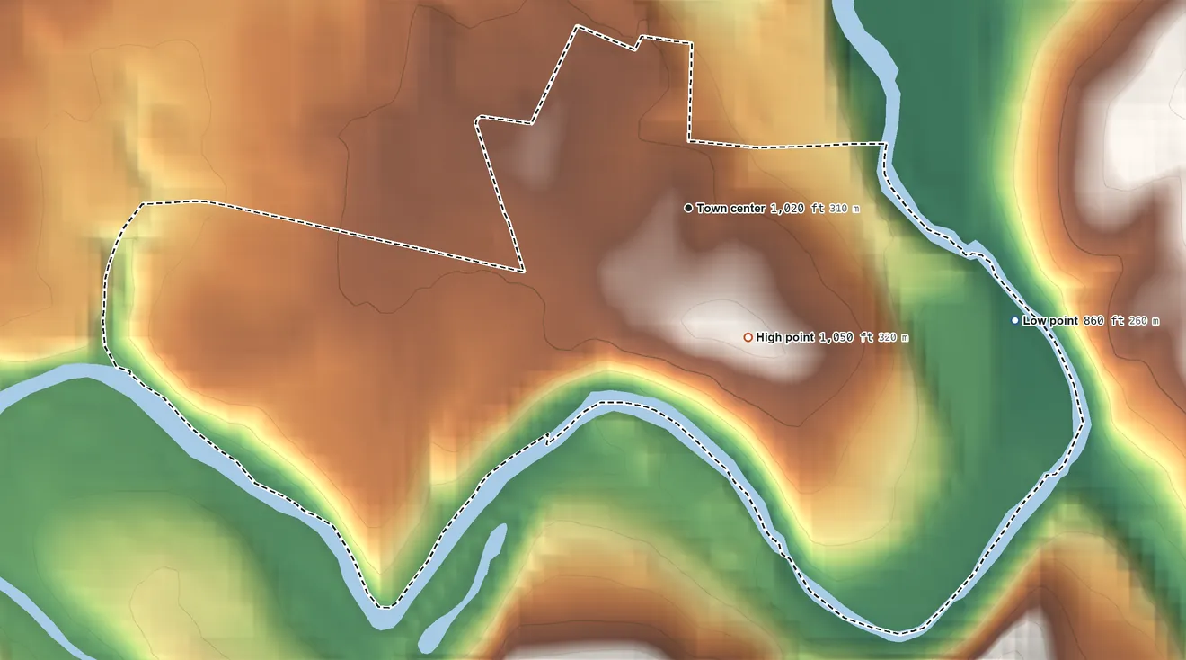 Topographic elevation map of Lawrence, Pennsylvania, shaded from 860 ft on the east side to 1,050 ft on the southeast side