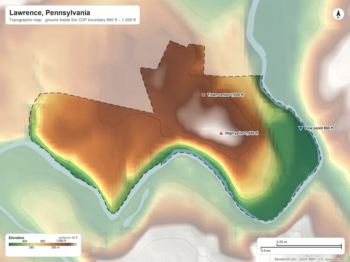 Topographic elevation map of Lawrence, Pennsylvania, shaded from 860 ft on the east side to 1,050 ft on the southeast side