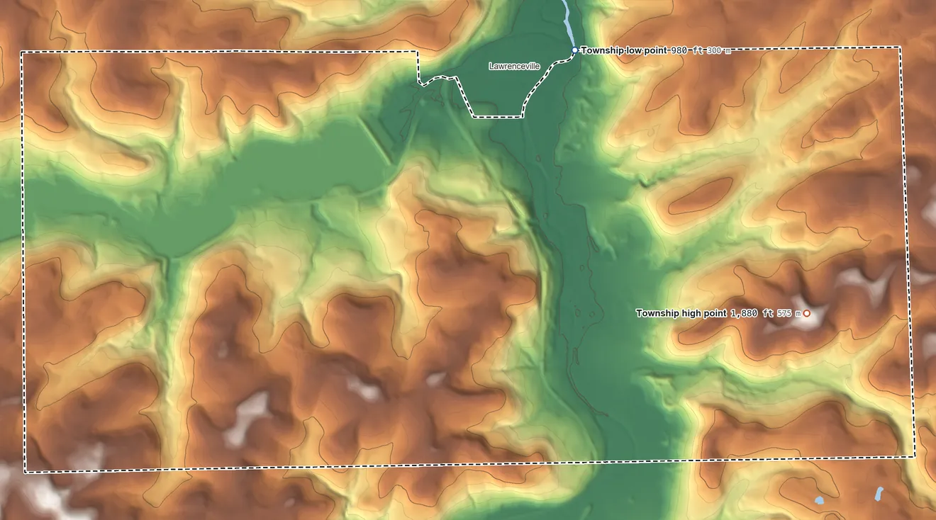 Topographic elevation map of Lawrence Township, Tioga County, Pennsylvania, shaded from 980 ft on the north side to 1,880 ft on Buck Hill