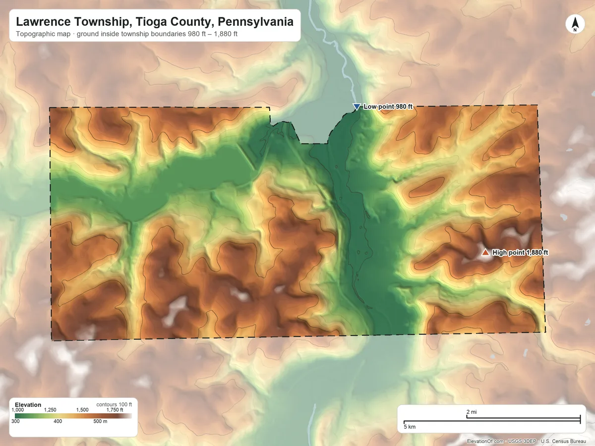 Topographic elevation map of Lawrence Township, Tioga County, Pennsylvania, shaded from 980 ft on the north side to 1,880 ft on Buck Hill