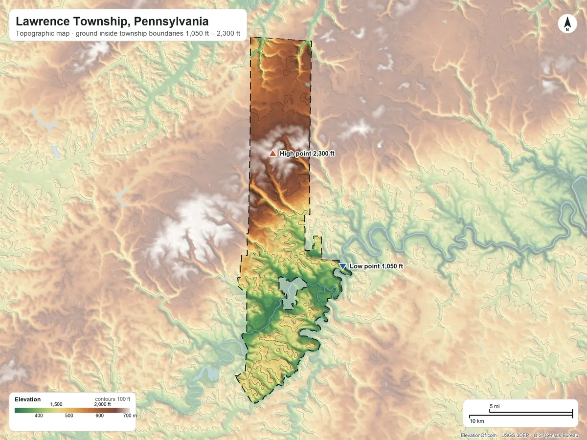Topographic elevation map of Lawrence Township, Pennsylvania, shaded from 1,050 ft on the northeast side to 2,300 ft on the north side