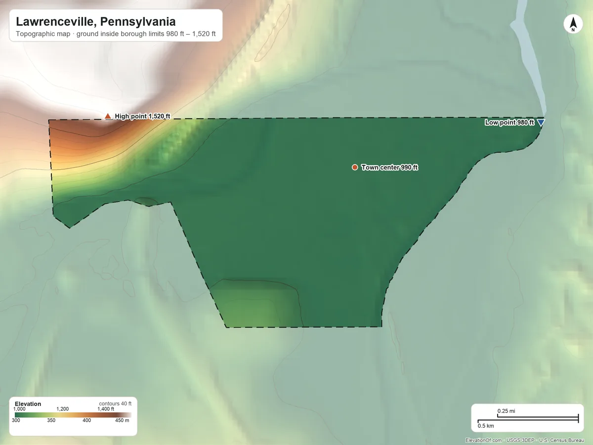 Topographic elevation map of Lawrenceville, Pennsylvania, shaded from 980 ft on the east side to 1,520 ft on the west side