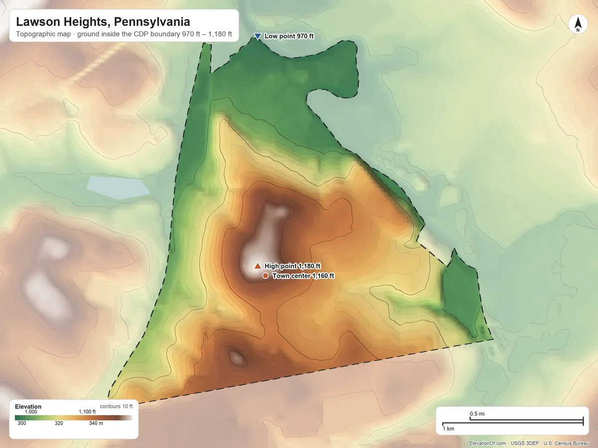 Topographic elevation map of Lawson Heights, Pennsylvania, shaded from 970 ft on the north side to 1,180 ft near the middle