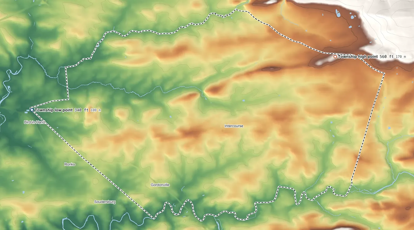 Topographic elevation map of Leacock Township, Pennsylvania, shaded from 340 ft on the west side to 560 ft on Dry Hill