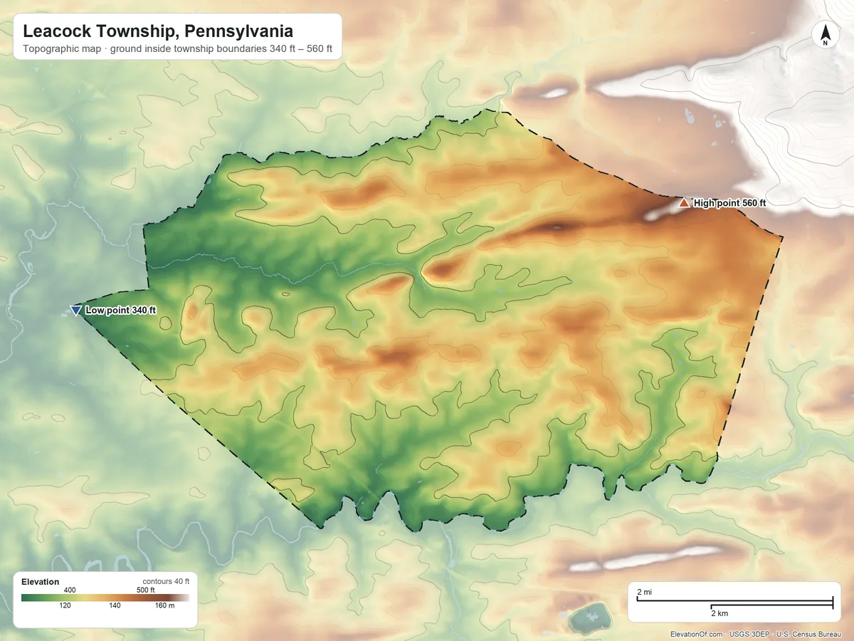 Topographic elevation map of Leacock Township, Pennsylvania, shaded from 340 ft on the west side to 560 ft on Dry Hill