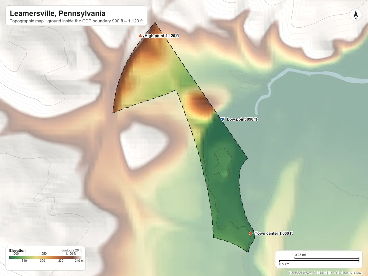 Topographic elevation map of Leamersville, Pennsylvania, shaded from 990 ft on the north side to 1,120 ft at the foot of the Tussey Mountain