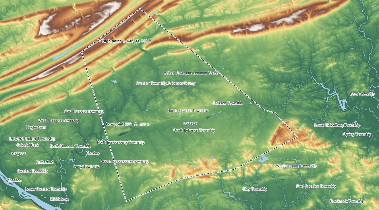 Topographic elevation map of Lebanon County, Pennsylvania, shaded from 330 ft on the west side to 1,640 ft on the northwest side