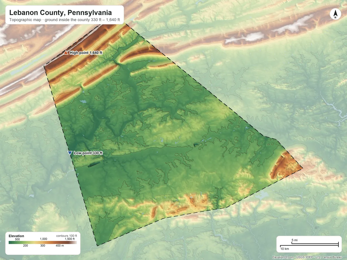 Topographic elevation map of Lebanon County, Pennsylvania, shaded from 330 ft on the west side to 1,640 ft on the northwest side