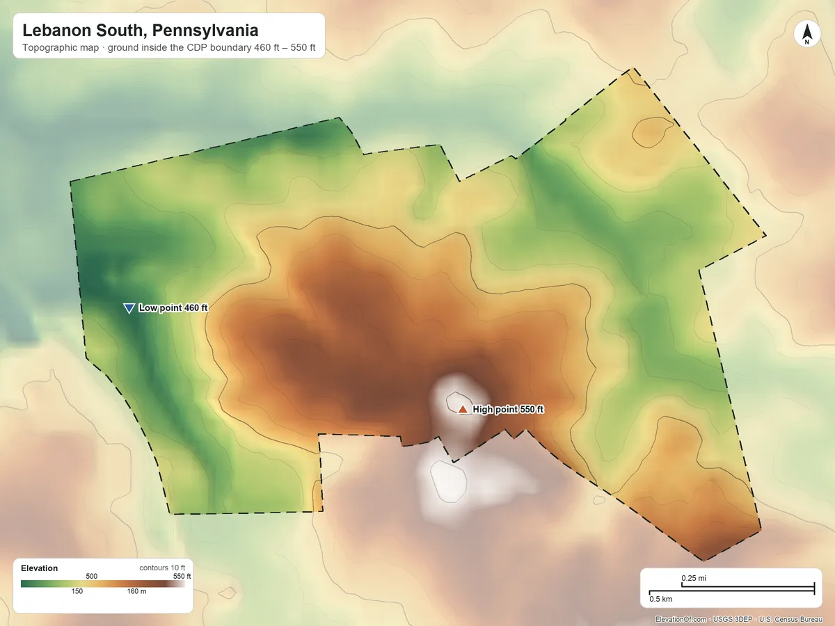 Topographic elevation map of Lebanon South, Pennsylvania, shaded from 460 ft on the west side to 550 ft on the southeast side