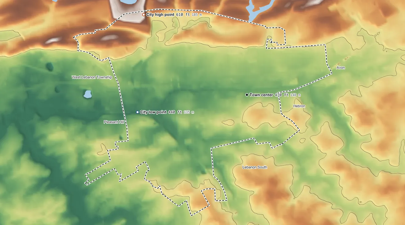 Topographic elevation map of Lebanon, Pennsylvania, shaded from 440 ft on the west side to 610 ft on the northwest side