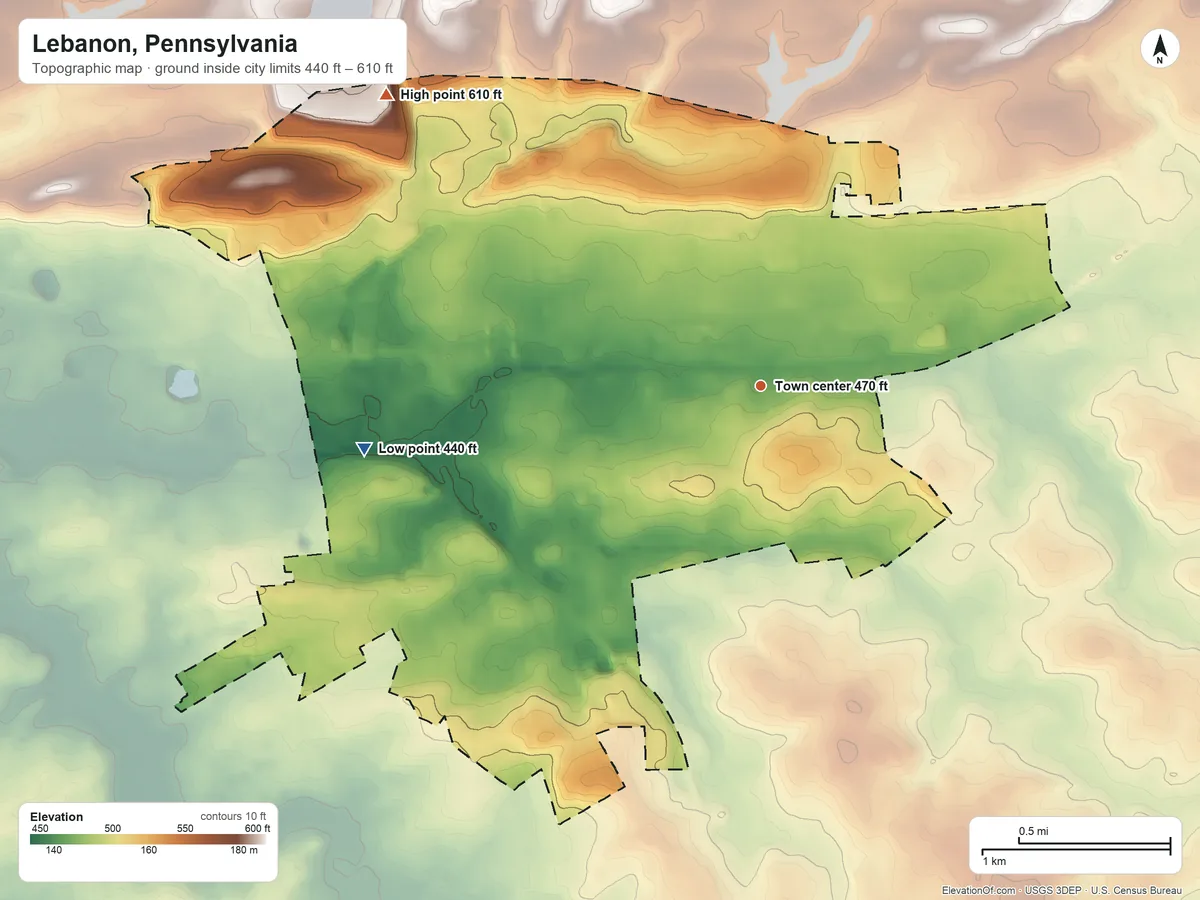 Topographic elevation map of Lebanon, Pennsylvania, shaded from 440 ft on the west side to 610 ft on the northwest side