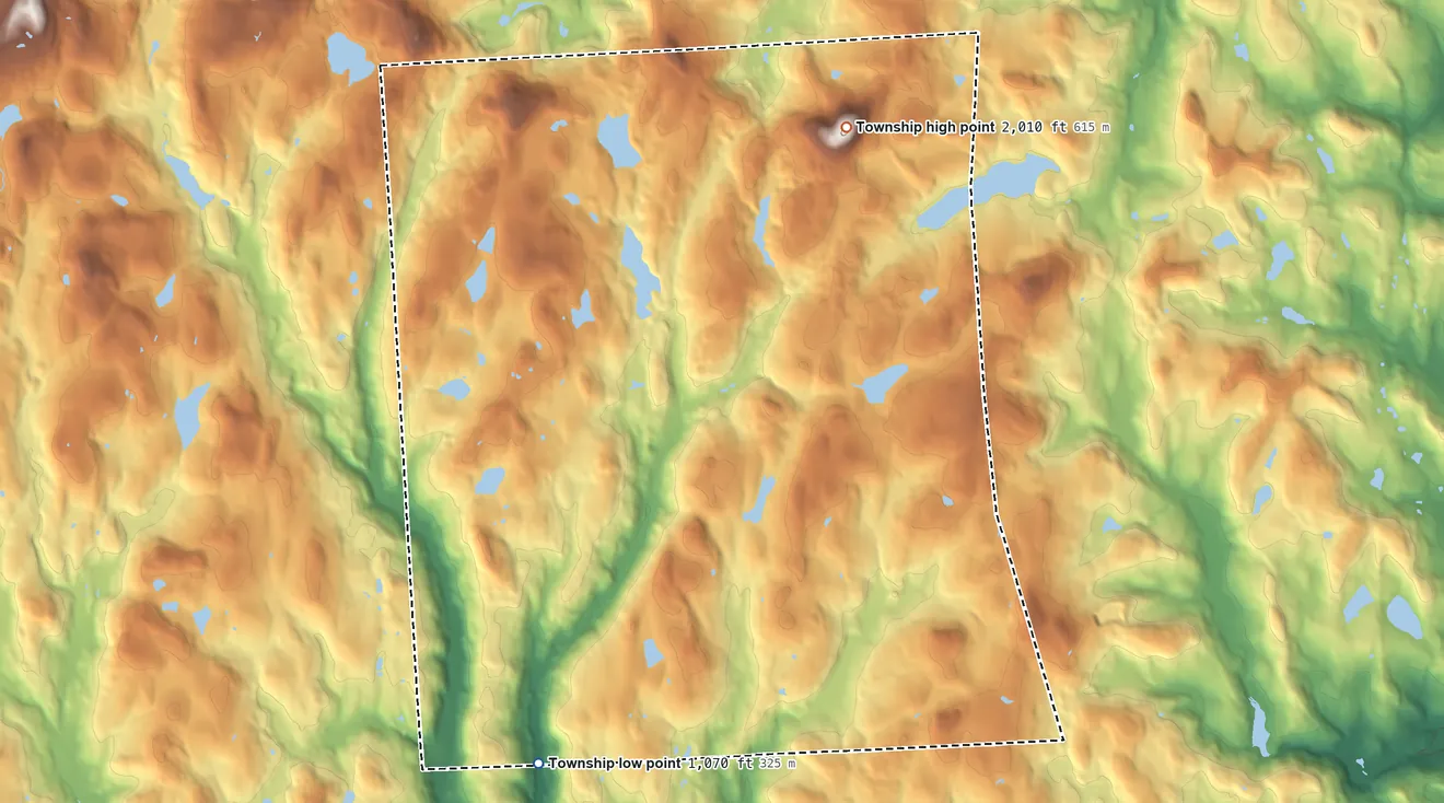Topographic elevation map of Lebanon Township, Pennsylvania, shaded from 1,070 ft on the southwest side to 2,010 ft on Big Hickory