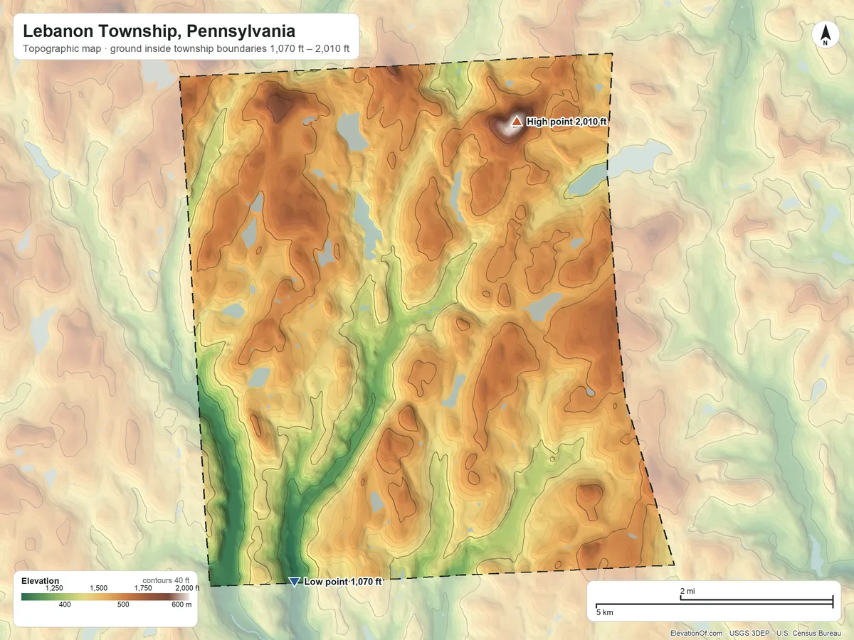Topographic elevation map of Lebanon Township, Pennsylvania, shaded from 1,070 ft on the southwest side to 2,010 ft on Big Hickory