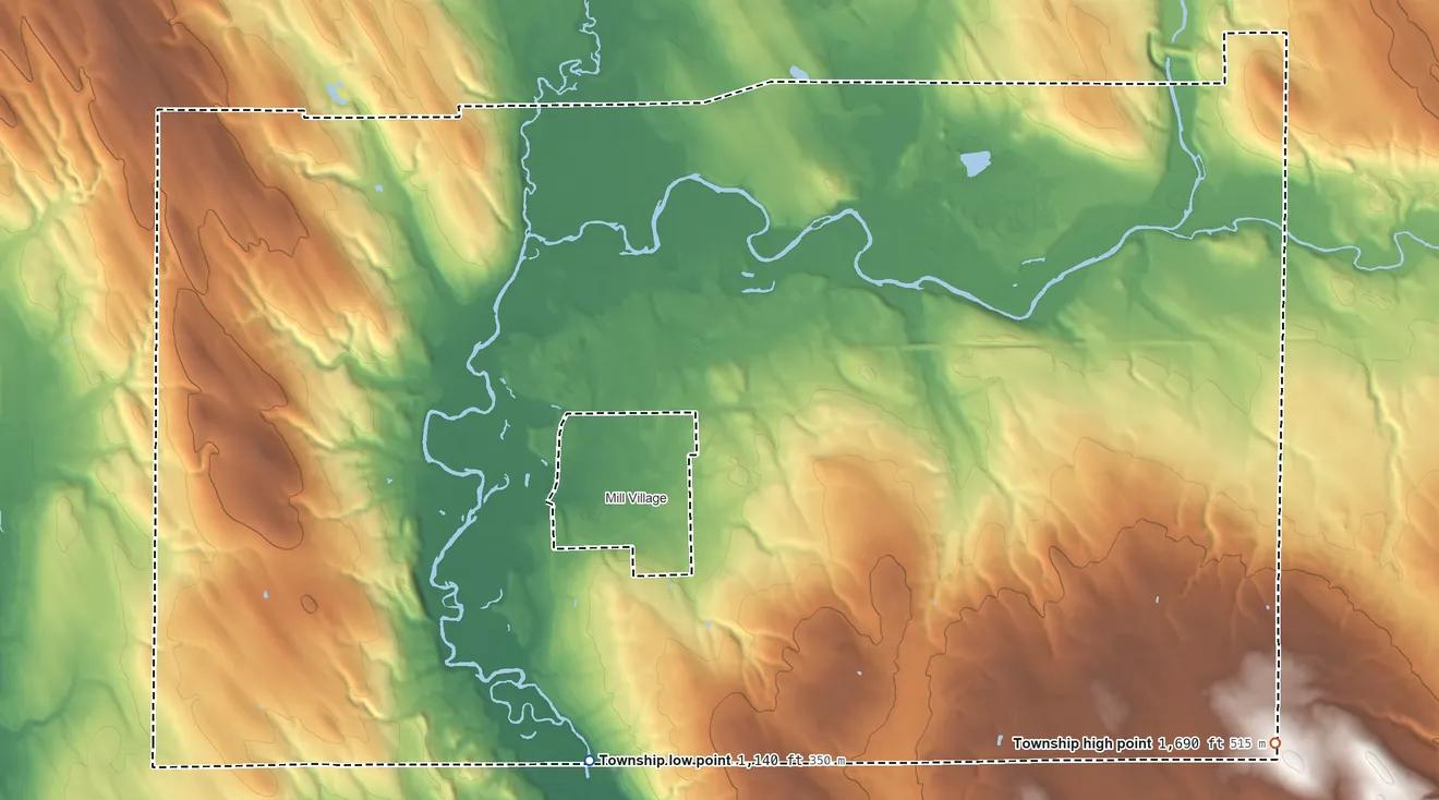 Topographic elevation map of LeBoeuf Township, Pennsylvania, shaded from 1,140 ft on the southwest side to 1,690 ft on the southeast side