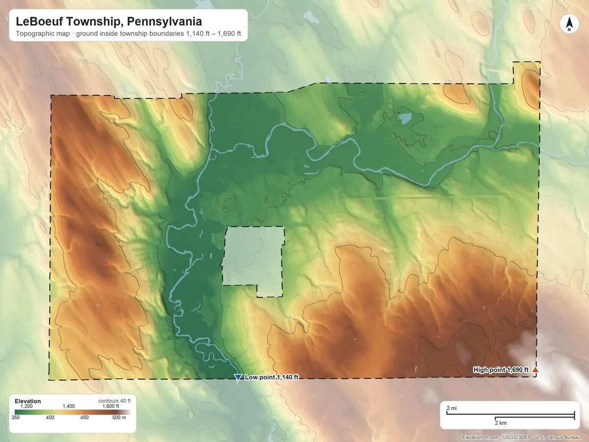 Topographic elevation map of LeBoeuf Township, Pennsylvania, shaded from 1,140 ft on the southwest side to 1,690 ft on the southeast side