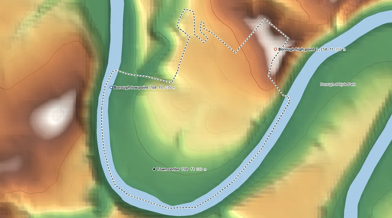 Topographic elevation map of Leechburg, Pennsylvania, shaded from 760 ft on the northwest side to 1,150 ft on the northeast side
