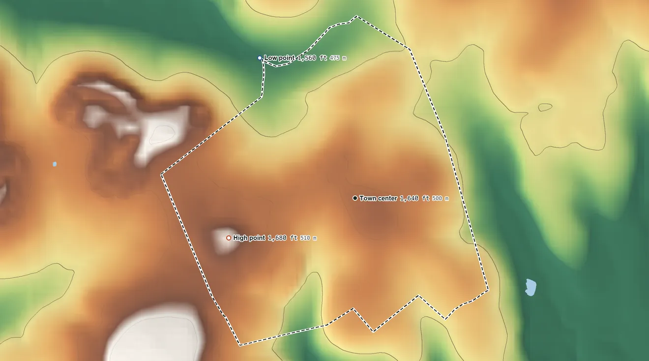 Topographic elevation map of Leeper, Pennsylvania, shaded from 1,560 ft on the northwest side to 1,680 ft on the west side
