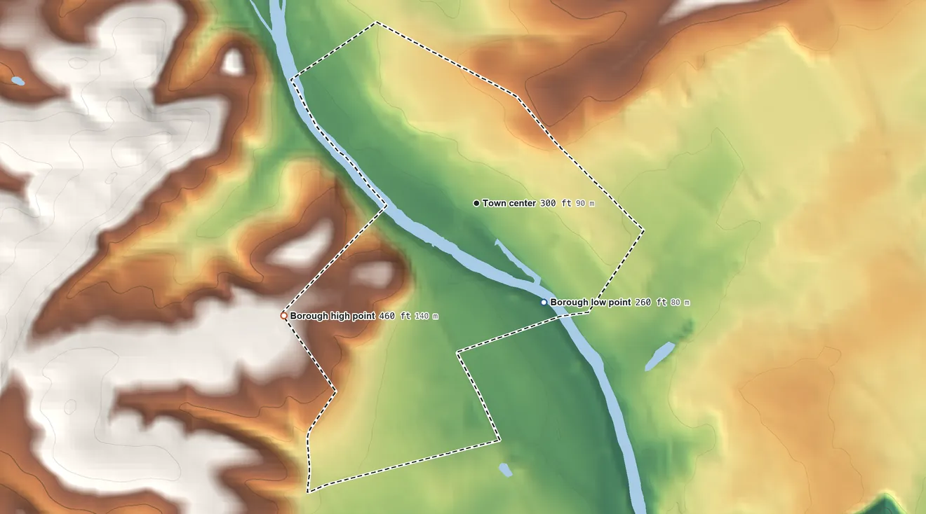 Topographic elevation map of Leesport, Pennsylvania, shaded from 260 ft on the southeast side to 460 ft on the southwest side