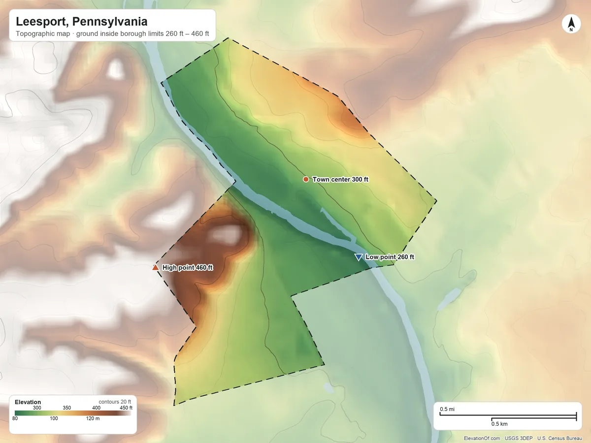 Topographic elevation map of Leesport, Pennsylvania, shaded from 260 ft on the southeast side to 460 ft on the southwest side