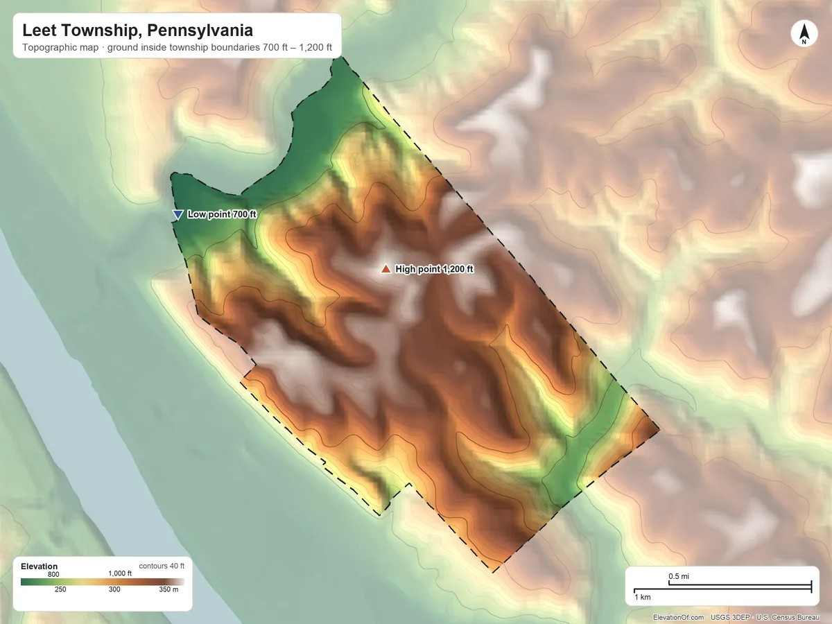 Topographic elevation map of Leet Township, Pennsylvania, shaded from 700 ft on the west side to 1,200 ft near the middle