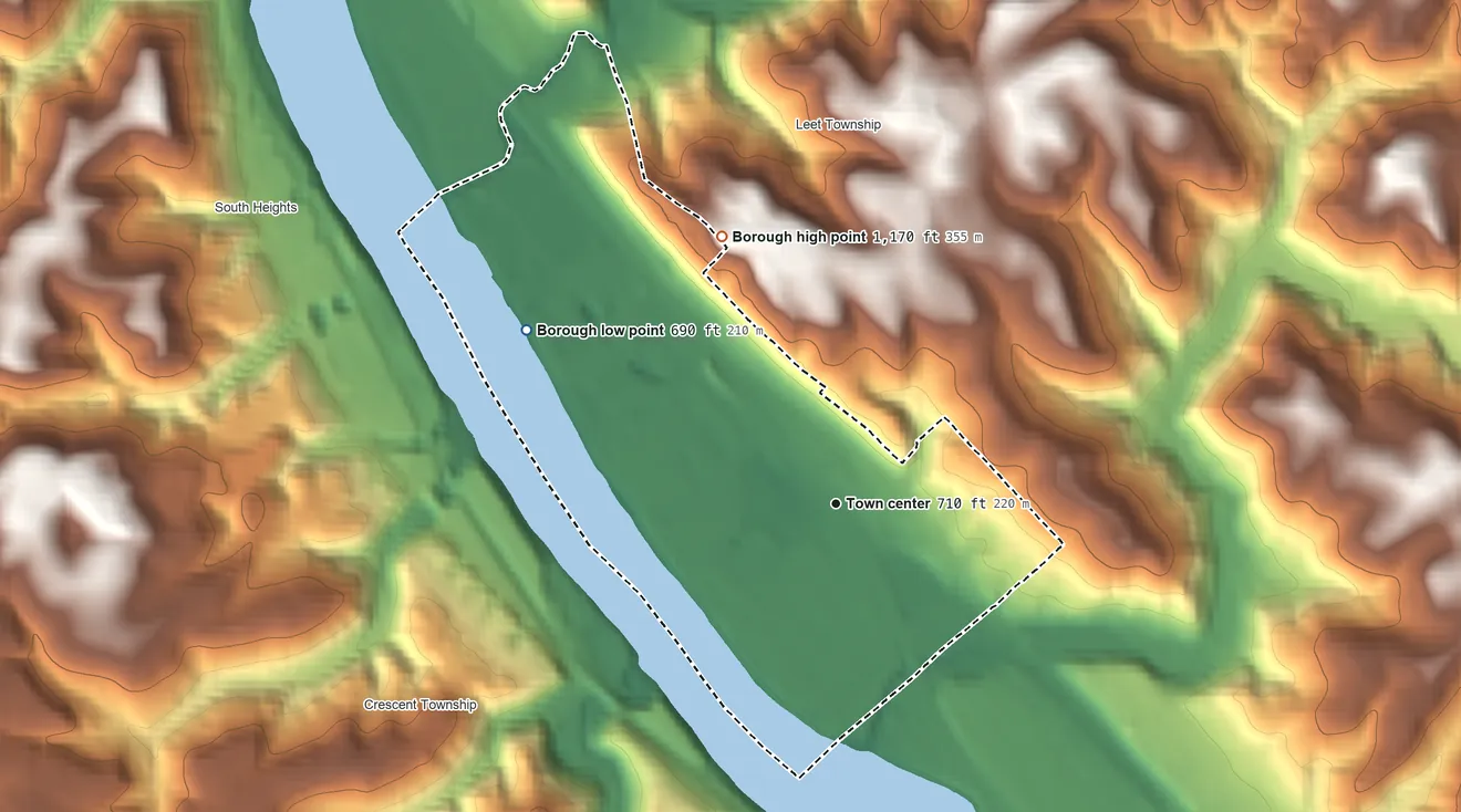 Topographic elevation map of Leetsdale, Pennsylvania, shaded from 690 ft on the northwest side to 1,170 ft on the northwest side