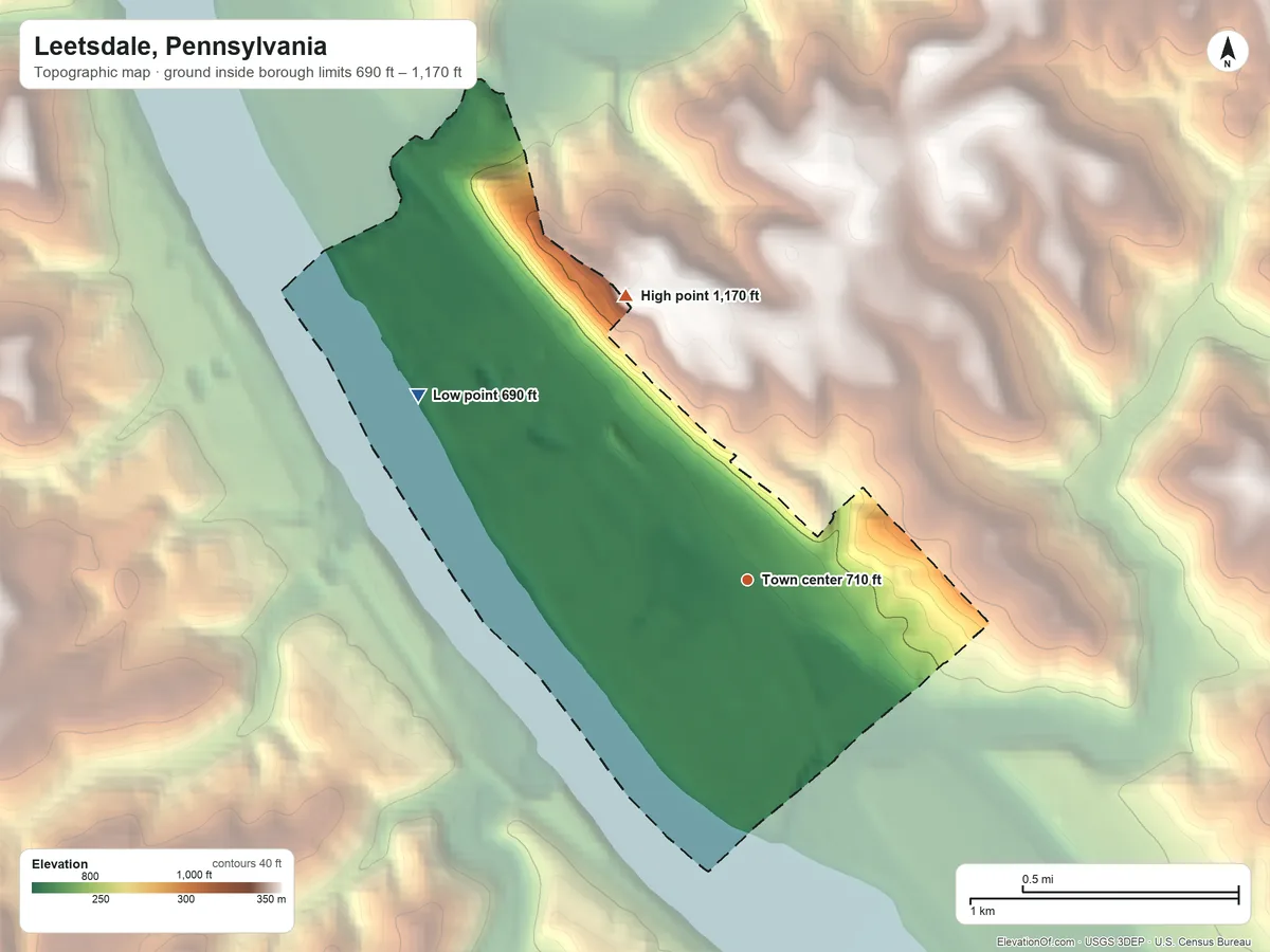 Topographic elevation map of Leetsdale, Pennsylvania, shaded from 690 ft on the northwest side to 1,170 ft on the northwest side