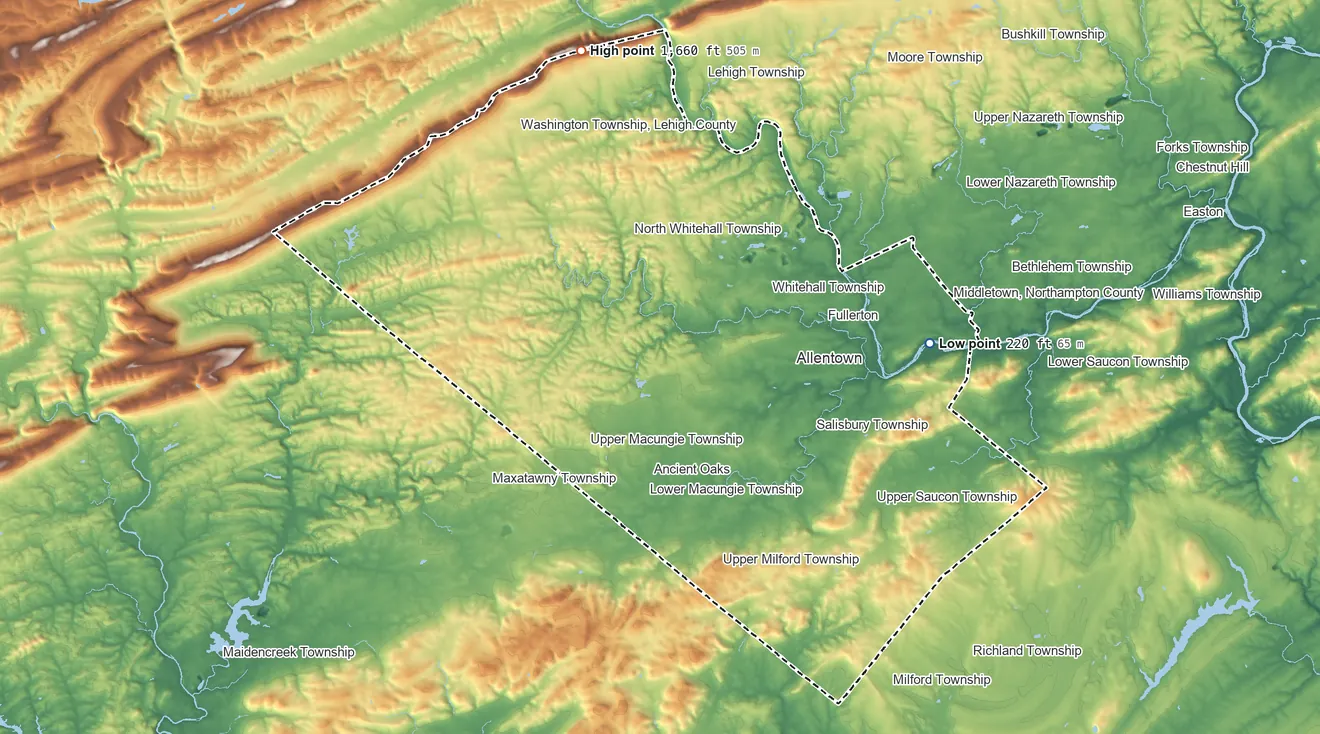 Topographic elevation map of Lehigh County, Pennsylvania, shaded from 220 ft on the east side to 1,660 ft on the north side