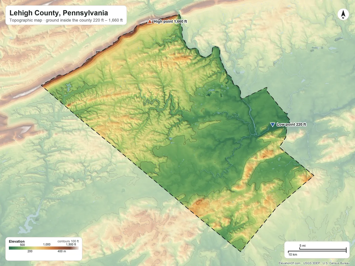 Topographic elevation map of Lehigh County, Pennsylvania, shaded from 220 ft on the east side to 1,660 ft on the north side